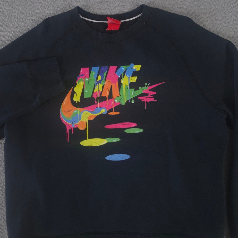 Nike Sweatshirt Mens XL Black Paint Drip Multi-Color Graphic Pullover Crewneck